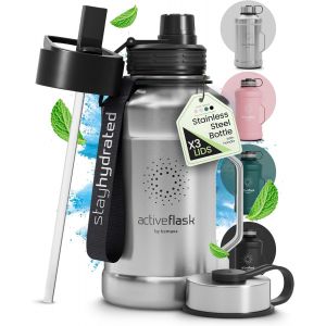 Gourde En Acier Inoxydable Active Flask + Paille (3 Couvercles) | Grande Bouteille De Sport 2,2 Litres / 2l Xl Sans Bpa Antifuite Gaz&eacute;ifi&eacute;e, Pour Les Sportifs & Entrainement En Plein Air - Neuf
