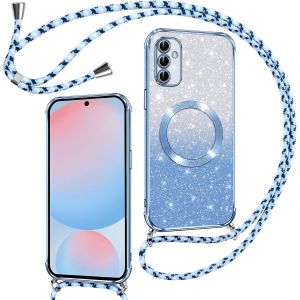 TRAHOO-Couqe Magn&eacute;tique pour Samsung Galaxy S24 FE 5G Con Cordon, Compatible avec MagSafe, Brillant Glitter Paillet&eacute; Antichoc Durable R&eacute;sistante Etui Housse pour Samsung S24 FE Bumper, Bleu - Neuf