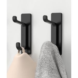 KAL-Crochet Adhesif Mural, Porte Serviette Salle De Bain, Accroche Torchon Cuisine, Porte Manteau Adhésif, Attache Murale Sans Percer, Etanche, Antirouille, Noir, 2 Pièces - Neuf