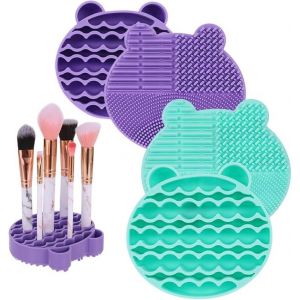 (Violet Et Vert)2 En 1 Outil De Nettoyage Maquillage Brosse 2 Pièces Portable Supports De Rangement Pour Pinceaux Tapis De Nettoyage Pour Nettoyer Et Sécher À L'air Libre Les Pinceaux De Maquillage - Neuf