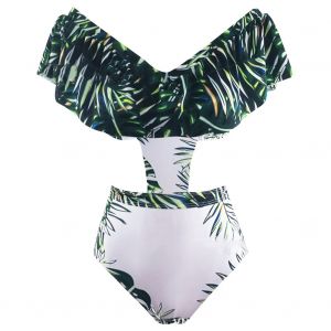Maillot De Bain Une Piece A Volants Et Epaules Denudees Pour Femme, Imprime Feuilles Vertes, Bikini Tendance (Xl) - Neuf
