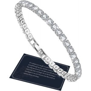 Senior-J.F&eacute;e Tennis Bracelet, Silver Bracelet For Women, 4 Mm Tennis Crystal Bracelet, Silver-Plated Bracelet, Silver Women Bracelet, Friend Bracelet, Gifts For Her, 6.5/6.9/7.3/19.5 Cm, Silver, [L839] - Neuf