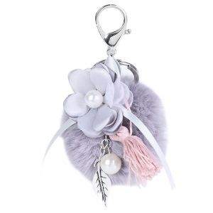 Porte-Cles En Peluche Avec Pendentif En Forme De Boule Pelucheuse Et Fausse Perle (Gris) - Neuf