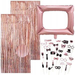 CHECARZHN--NO1-Lot De 33 Accessoires Pour Photomaton De Fête, 1 Paquet D'Accessoires Pour Photo, 2 Rideaux À Lanières, Un Cadre Photo Gonflable De 98 X 83 Cm Pour Mariage, Fête, Anniversaire, Boîte P - Neuf