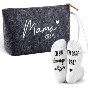 MAA-Set 2 Cadeaux pour Future Maman Trousse à Maquillage Mama Kram en Feutre avec Fermeture Éclair Chaussettes Antidérapantes de Grossesse pour Nouvelle Maman Annoncer Grossesse (Gris Moyen, Blanc) - Neuf