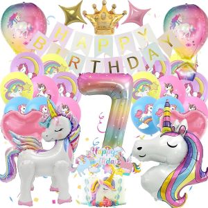 CAUC-D&eacute;coration Anniversaire Licorn Fille 7 Ans, 4D Ballon Helium e Guirlande Decoration Gateau Licorn, Deco Fete Fille Cadeau Licorn Enfant (Kit Anniversaire Licorn 7 Ans) - Neuf