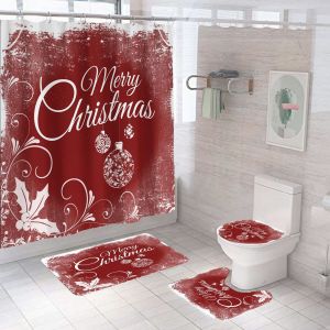 4 Pi&egrave;ces de No&euml;l Rideaux de Douche avec anti-D&eacute;rapant Tapis&iquest;Style Un&iquest;, Couvercle des Toilettes et Tapis de Bain, Vintage Imperm&eacute;able salle de Bain Rideau de Douche avec 12 Crochets - Neuf