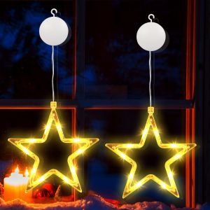 KAL-Lumières De Fenêtre De Décoration De Noël, 2 Pièces 10 Led Étoiles Lumières De Noël Batterie Intérieur Rideau Guirlande Lumineuse Minuterie Ventouses Pour Balcon Fête Maison, Blanc Chaud - Neuf