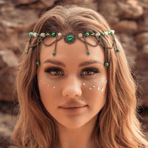 Kal-Chaîne De Tête Bohème Style Ctystal Avec Perles Vertes, Accessoire De Cheveux Vintage Pour Mariage Pour Femmes Et Filles - Neuf