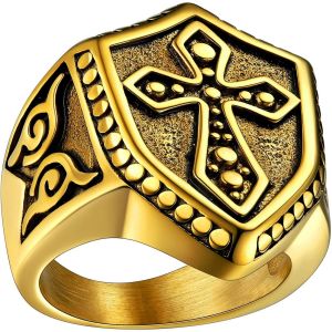 Trahoo-Chevalière Templier Homme Bague Croix De Malte Acier Inoxydable/Or/Noir Taille 54-72 Bijoux Porte Bonheur Biker Vintage Cadeaux Pour Ado Garçon Femme (Boîte Cadeau) - Neuf