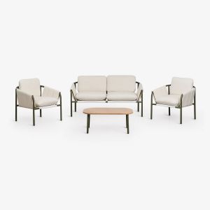 Ensemble De Jardin Avec Canap&eacute; 2 Places, 2 Fauteuils Rembourr&eacute;s Et Table Basse En Acier Zunika Vert Olive Intense - Neuf