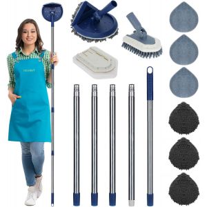 Wall Cleaner Mop With Long Handle 85 Inches,180° Folding Baseboard Cleaning Tool With 6 Replacement Pad And 2 Tile Tub Brush,Wall Washer Mop For Painted Walls Floor Ceiling Window Tile Tub - Neuf