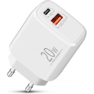 JGD-Chargeur USB C , Embout Prise/Adaptateur Secteur Double Port 20W avec USB C, Chargeur Rapide avec PD et QC3.0, Compatible avec iPhone 17/Air/16/15/14/13/12/11/Pro Max, Samsung S24, Pixel 9/8 - Neuf