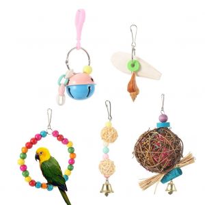 Hjlian Lot De 5 Balancoires A Suspendre Pour Oiseaux, Perles Colorees, Corde, Os De Seiche, Perroquet, Jouet A Macher, Accessoire Pour Cage - Neuf