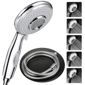 Pomme de douche + flexible flexible 2M,pomme de douche avec tuyau,5 modes d'&eacute;conomie d'eau et bouton d'interrupteur,douchette haute pression en acier inoxydable - Neuf