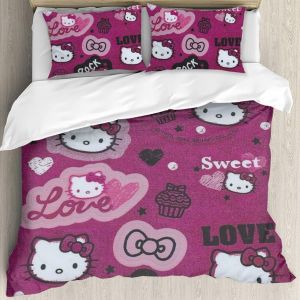 Parure De Lit Hello Cat Kitty Pour Filles ¿ Housse De Couette Réversible Imprimée Avec Noeud Papillon Et Taies D'oreiller ¿ Parure De Lit Mignonne Pour Garçons Et Filles - Neuf