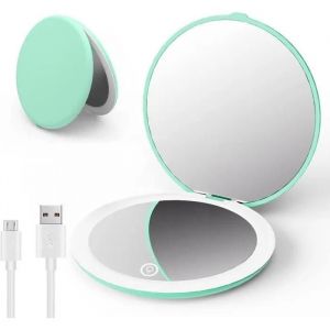 Miroir De Voyage Avec Lumière Led, Rechargeable 1x/10x Miroir Grossissant Compact De Poche - Cyan - Neuf