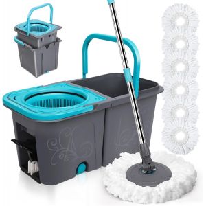 Kalanka-Balai &Agrave; Franges Et Seau Essoreur &Agrave; P&eacute;dale, Seau Empilable De 2 Bacs &Agrave; L'eau Sale S&eacute;par&eacute;e, Serpilli&egrave;re Rotative 360&deg; Avec Manche T&eacute;l&eacute;scopique, 6 Tampons Microfibre - Neuf