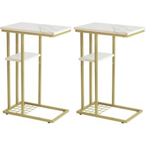 Table D`Appoint Lot De 2, Bout De Canap&eacute;, Table Basse Forme C &Agrave; 2 &Eacute;tages, Table &Agrave; Caf&eacute;, Petite Table Structure En M&eacute;tal, Pour Salon, Chambre, Bureau, Marbre Blanc Et Or Hst004w-2 - Neuf