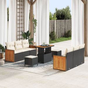 Ensemble De Canap&eacute; De Jardin 9 Pi&egrave;ces Avec Coussins Noir Rattan Pe Acacia, Ensemble De Salle &Agrave; Manger De Jardin 3 Pi&egrave;ces Avec Coussins Noir Rattan Pe Acacia - Neuf