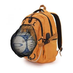 Sac &agrave; dos enfant et sport orange avec filet amovible pour ballon et casque, port USB, compartiment PC 15,6 pouces et dos respirant - Neuf