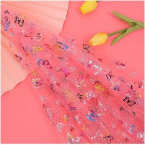 Tissu En Tulle À Paillettes-2 M X 150 Cm-Vendu Au Mètre-Motif Papillons-Pour Décoration D'intérieur,Mariage,Robe,Costume,Accessoires-Rouge Melon - Neuf