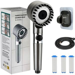 KAL-Pommeau De Douche Haute Pression À Économie D'Eau Avec 3 + 1 Types De Jet, Douche De Massage Avec Tuyau De 1,5 M, 2 Filtres Et 1 Support Sans Perçage - Neuf
