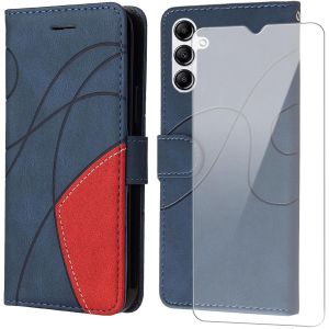 Sansh-Coque Pour Samsung Galaxy A14 4g / 5g Avec 1 Pièces Verre Trempé Protection Écran, Premium Pu Cuir Multifonction À Rabat Flip Housse Étui Pour Samsung Galaxy A14 4g / 5g - Bleu - Neuf