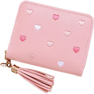 CAUC-Mini Portefeuille Rose pour Femme,Petit Portemonnaie avec Motif Coeur Brodé, Portefeuille en PU Cuir pour Cartes et Pièces, Portefeuille Mignon et Pratique pour Femmes et Filles - Neuf