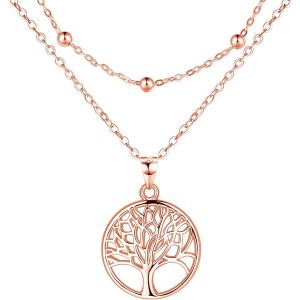 Kalanka-Arbre De Vie Collier Pour Femme Argent Sterling 925 Double Cha&icirc;nes Collier Avec Boite Cadeau Pour No&euml;l Anniversaire F&ecirc;te Des M&egrave;res, R&eacute;glable 40+5cm (Argent/Or/Or Rose) - Neuf