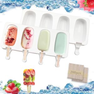 Kal-2 Pièces Moule Glace Silicone Batonnet 26cm Moule Magnum Cake Avec 200 Pièces Batonnet Glace 8 Cellules Moule Magnum Réutilisables Pour Diy Crème Glacée Maison Cake Dessert - Neuf