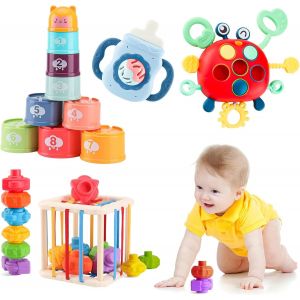 ChenQuanSarl-Jouet Bebe 6 9 12 Mois, Jouets Sensoriels 1 2 3 Ans, Montessori Jeux Bebe Eveil Avec Corde &Agrave; Tirer/Blocs De Construction/Trieurs De Formes/Anneaux D'Empilage/Boite Mouchoir/Dentition - Neuf