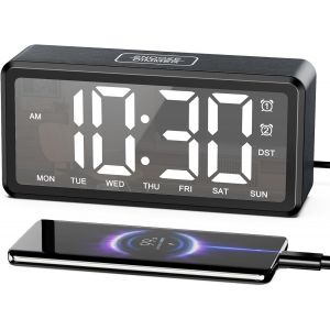 R&eacute;veil Num&eacute;rique &Agrave; Led, R&eacute;veil Miroir De Style Bois, 5 Niveaux De Luminosit&eacute;, 5 Volumes, Double Alarme, Dst, R&eacute;p&eacute;tition, Chargement De Type-C (Sans Adaptateur), Horloge De Table &Agrave; Led - Neuf