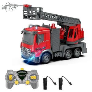 1/14 Remote Control Fire Ladder Truck Toy Electric Construction Vehicle with Realistic Ladder Extension for Kids Play Children Toy Gift MM2-rouge - Neuf