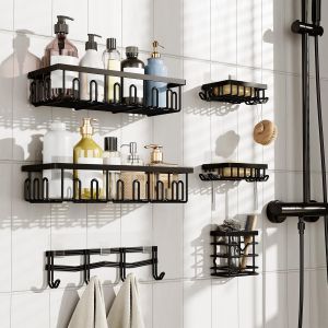 Etagere Douche, 6 Pi&egrave;ces &Eacute;tag&egrave;re Salle de Bain Antirouille, &Eacute;tag&egrave;re de Douche sans Per&ccedil;age avec 6 Crochets Ainsi que 2 Porte-savon, Porte-Rasoir et Porte-Serviettes - Neuf