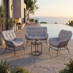 Ensemble Lounge Hwc-P75, Salon De Jardin Canap&eacute; Ensemble De Si&egrave;ges, Tissu 220 G/M&sup2; Polyrotin M&eacute;talGris Fonc&eacute;, Coussins Gris Clair - Neuf