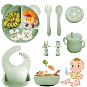 Kal-Coffret Repas Bebe 9 Pièces, Vaisselle Antiderapant Pour Bébé Set Silicone Avec Ventouse Assiette Bol Fourche Cuillère Bavoir Et Tasse, Assiette Enfant Set, Sans Bpa (Vert Foncé) - Neuf