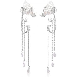 Kalhx-Oreille Elfe Boucles D'oreilles Pour Femme Argent Feuille Ailes D'anges Manchette Oreilles Elfes Boucles D'oreilles Clip Avec Perle Fleur Pour Halloween Cosplay Mariage Costume Elfe - Neuf