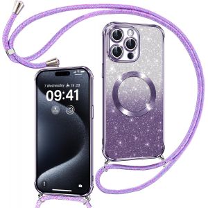 TRAHOO-Couqe Magn&eacute;tique pour iPhone 15 Pro Con Cordon, Compatible avec MagSafe, Brillant Glitter Paillet&eacute; Antichoc Durable R&eacute;sistante Etui Housse pour iPhone 15 Pro Anti-Poussi&egrave;re Bumper, Violet - Neuf