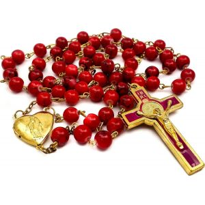 Kales-Store Chapelet Saint Beno&icirc;t Perles De Verre Rouge Collier Catholique M&eacute;daille Nr Croix De San Benito - Neuf