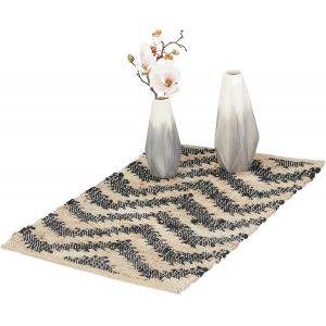 Sjzg-Tapis De Couloir, Coton Et Jute, 50 X 80 Cm, Antid&eacute;rapant, Tiss&eacute; Main, Carpette Cuisine, Zigzag, Beige-Noir - Neuf