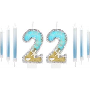 Eryi-Bougie D'anniversaire Bleue En Forme De Chiffre 22 Pour Garçons Et Filles, Décorations De Gâteau D'anniversaire Pour Garçons Et Filles, Bougies Bleues Argentées Pour Hommes Et Femmes, Décoration - Neuf