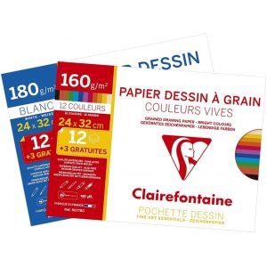 Eryi-196778amzc - Lot De 2 - Pochette Dessin Scolaire - 15 Feuilles (12+3 Gratuites) - Papier Dessin À Grain Couleurs Vives 160g Et Papier Dessin Blanc 180g- 24x32 Cm - Neuf