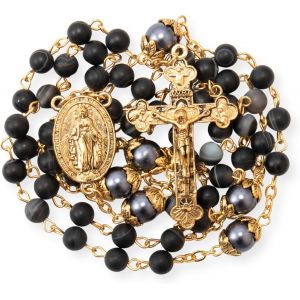 Store Collier Chapelet Catholique Dor&eacute; En Pierre Mate, Perles Rondes Vertes, M&eacute;daille Miraculeuse Et Croix &iquest; Sac En Velours (Noire) - Neuf