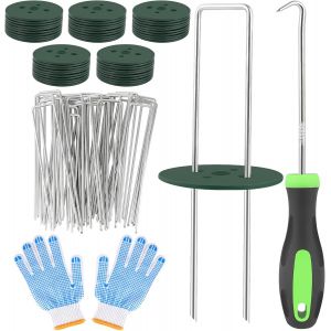 KALANKA-50 Piquets d'ancrage au Sol 50 rondelles tampons, Piquets de Fixation en Acier Galvanisé pour Fixer Le Non-tissé de Jardin, la clôture, Le Gazon Artificiel, Le Film Plastique - 150x25mm -Ø3m - Neuf
