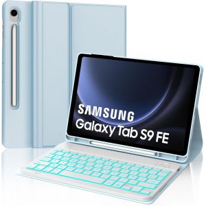 Coque Clavier Pour Samsung Galaxy Tab S10 Fe 10.9"" 2025/S9 Fe 10.9"" 2023, Azerty Fran&ccedil;ais Clavier R&eacute;tro&eacute;clair&eacute; Magn&eacute;tique D&eacute;tachable Bluetooth Pour Samsung Tab S9 Fe 10.9""/S10 Fe 10.9"", Bleu Ciel - Neuf