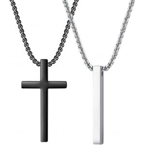 Kal-Lot De 2 Colliers Pour Hommes Collier Croix Pour Hommes Collier Croix En Acier Inoxydable 60cm Argent/Noir Bijoux De No&euml;l Cadeaux D'anniversaire Pour Hommes Adolescents - Neuf