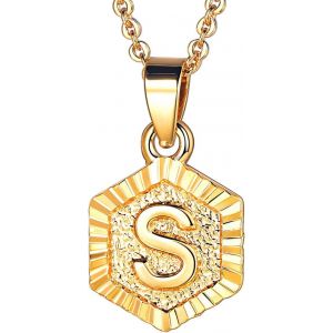 Kal-Collier Femme Initiale Plaqu&eacute; Or Jaune, Pendentif Hexagone Avec Lettre, Cha&icirc;ne Rolo Ajustable De 1,8mm/50+5cm - Neuf