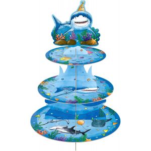 Requin Cupcakes Support-Requin Anniversaire Décorations Pour Garçons 3 Étages Carton Gâteau Support Cupcakes Porte Dessert Tour Plateau Service Arrondi Bébé Douche Océan Thème Fête Accessoires - Neuf