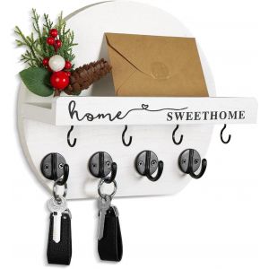 CAUC-Porte Clef Mural Avec Des Fleurs S&eacute;ch&eacute;es Boite A Clef Bois Boite A Clefs Murale Rond Porte Clef Mural Bois Convient Pour Le Hall D'entr&eacute;e, Le D&eacute;barras, Le Couloir, La Cuisine (Blanc et noir) - Neuf